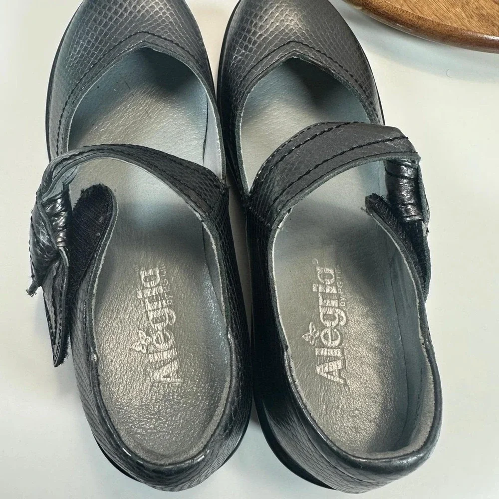 Alegria PG Lite Mary Jane Wedge Heels Pewter Snake Metallic Bow Strap ELL-703 38